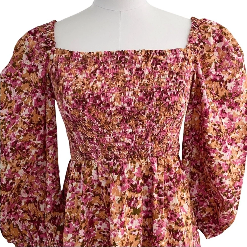 J. Crew Smocked Puff-Sleeve Dress in Pink Faded Floral Size Small NWT